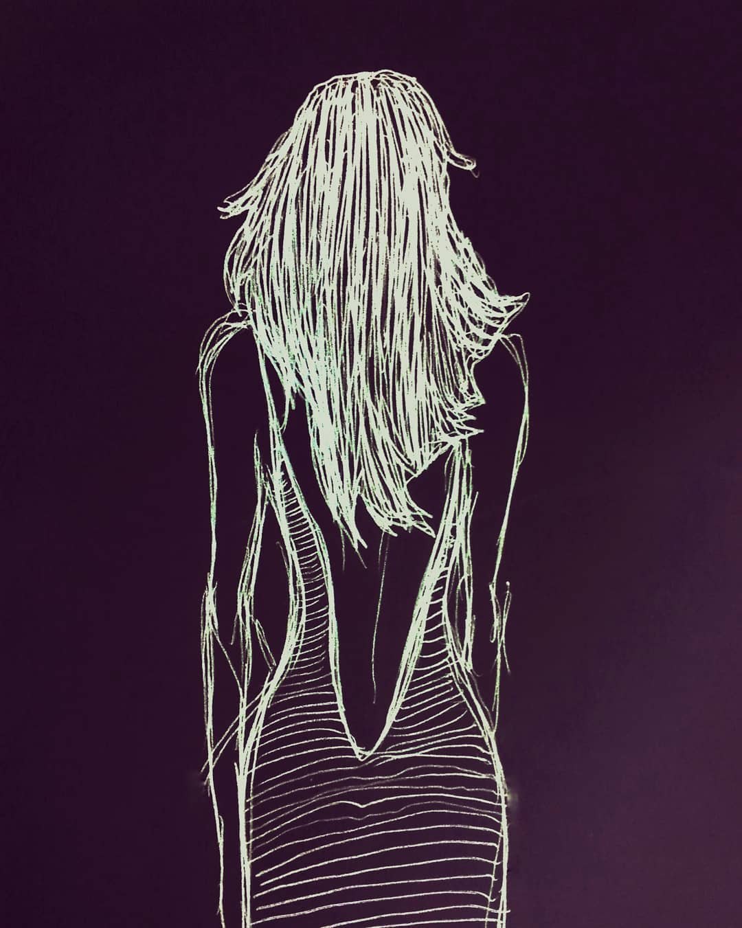White line drawing of a woman seen from behind on a dark purple background