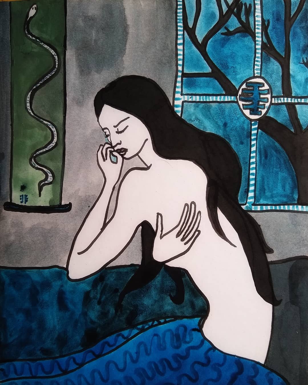 Painting of a woman beside a snake and a window with bare winter trees