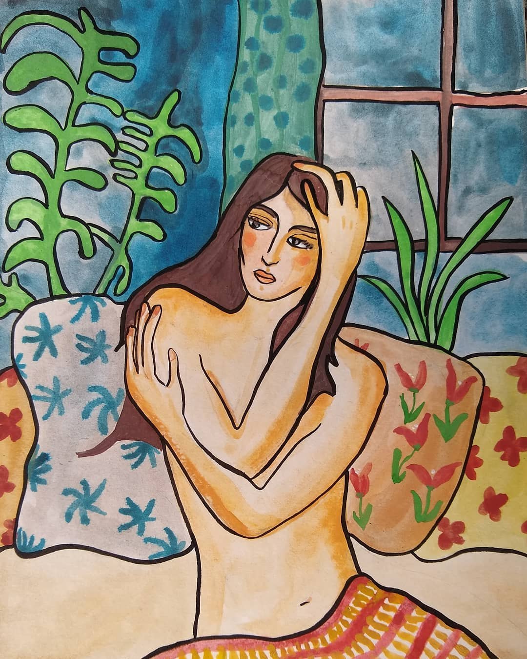 Painting of a woman resting against patterned cushions near a window with houseplants