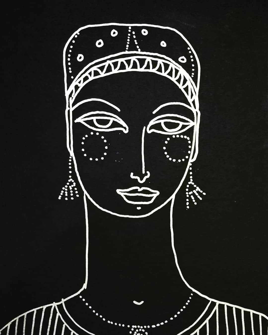 White line portrait of a woman's face with a decorated headpiece on black paper