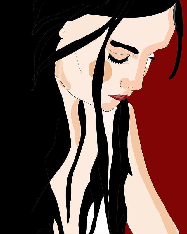 Illustration of a woman's profile with dark hair against a deep red background