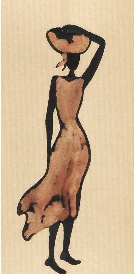 Sepia-toned painting of a woman carrying a basket on her head
