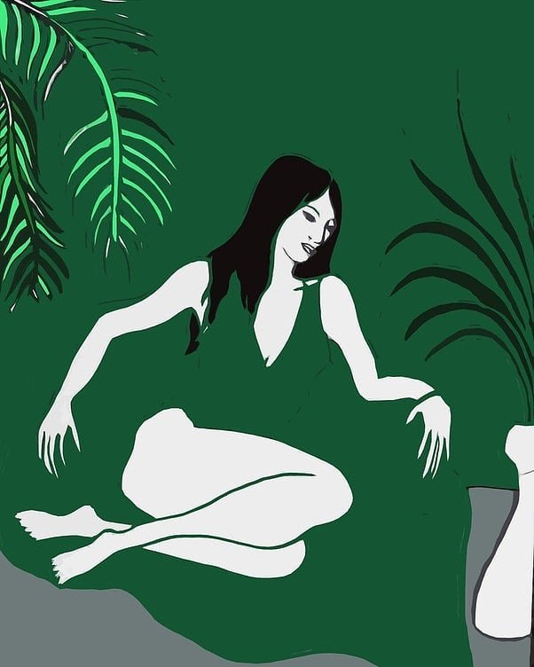 Illustration of a woman sitting among houseplants in green silhouette tones