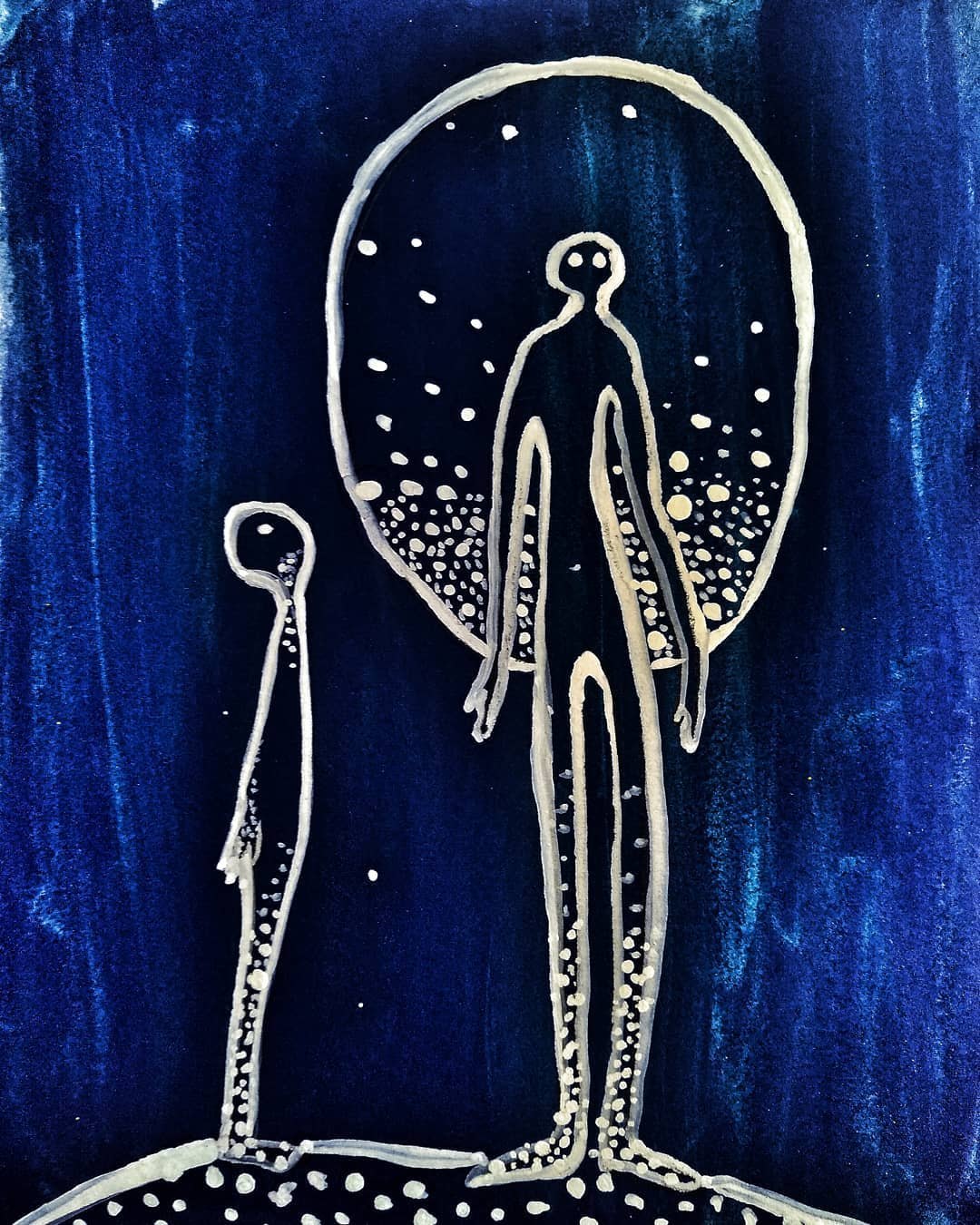 Painting of two glowing outlined figures against a deep blue night sky