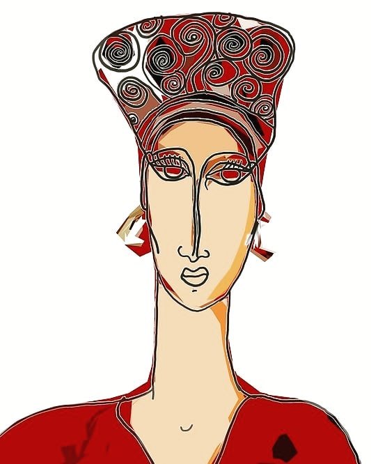 Illustration of a woman wearing a red spiral-patterned headdress