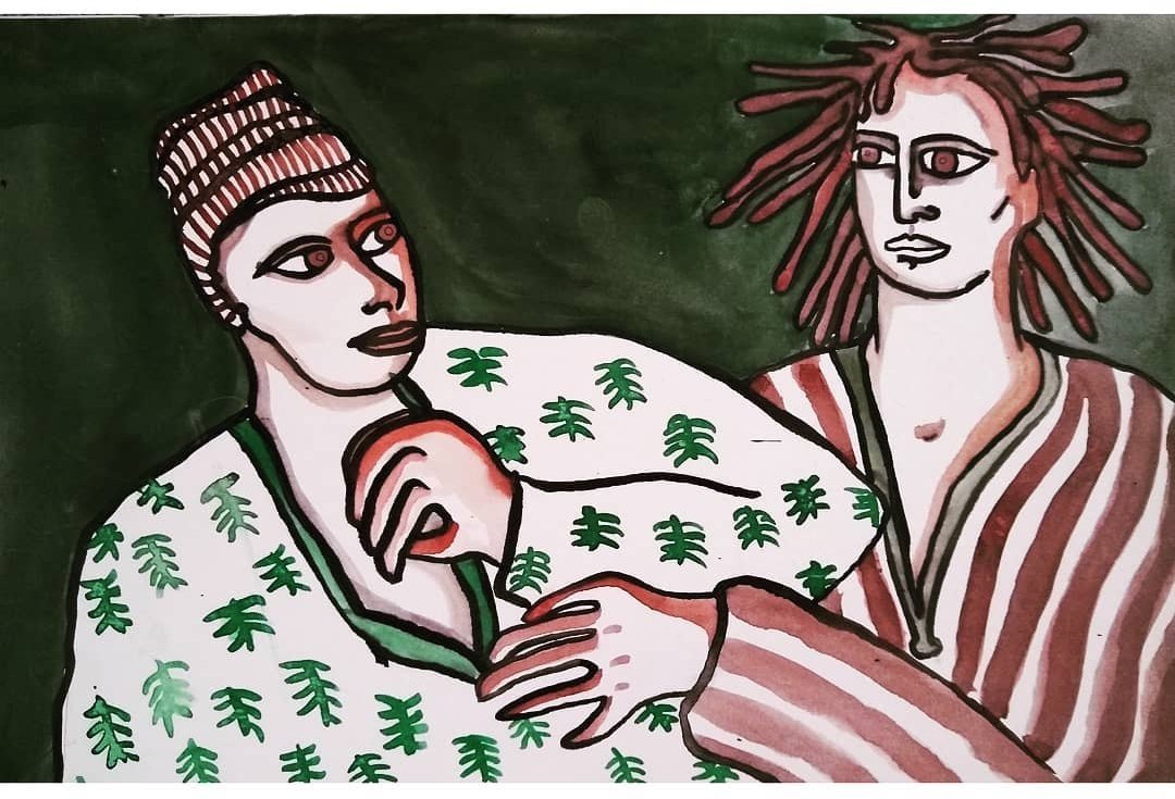 Painting of two figures in patterned clothing seated close together