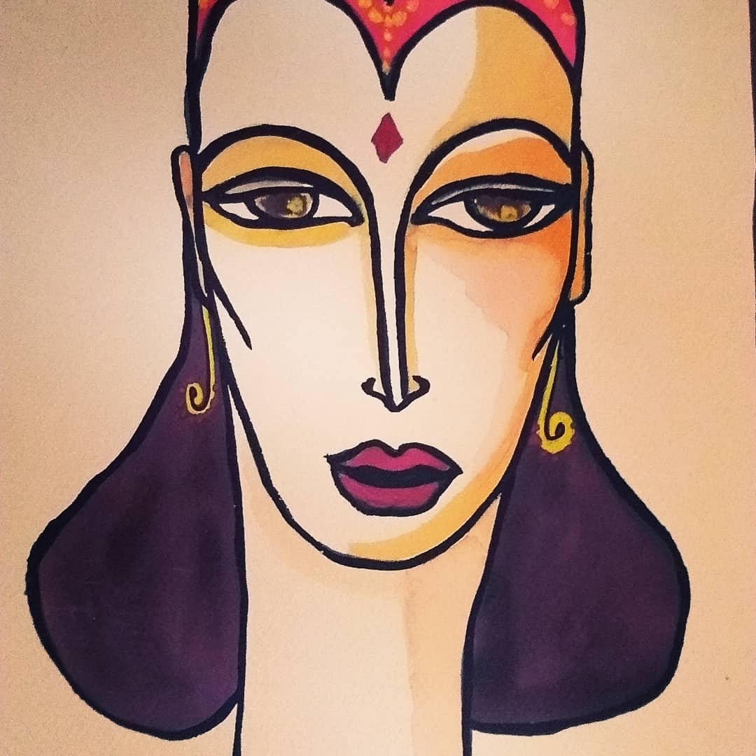 Painting of a woman's face with a red and gold headdress in warm orange tones