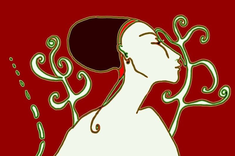 Illustration of a woman's profile with green swirling branch motifs on a red background