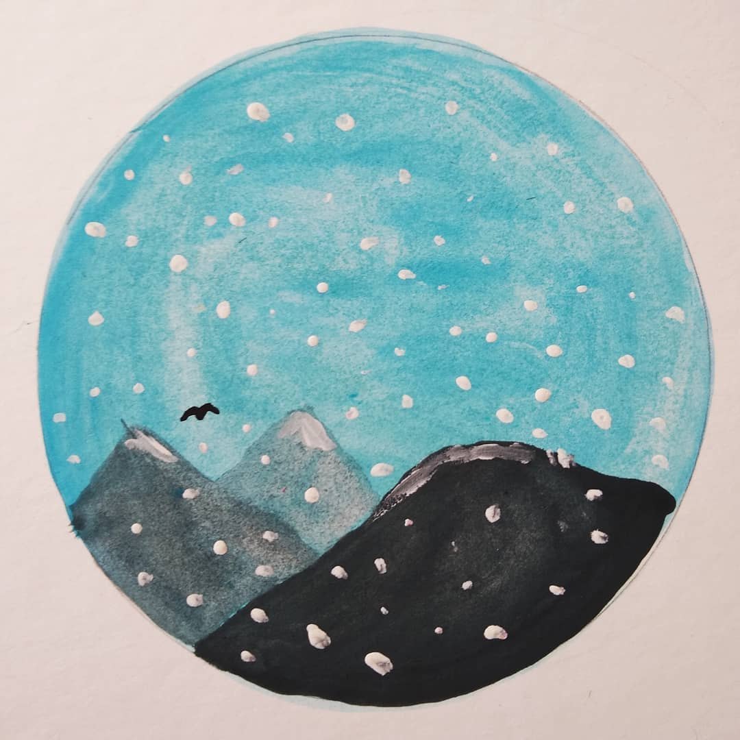 Circular painting of snow-dusted mountains under a starry sky
