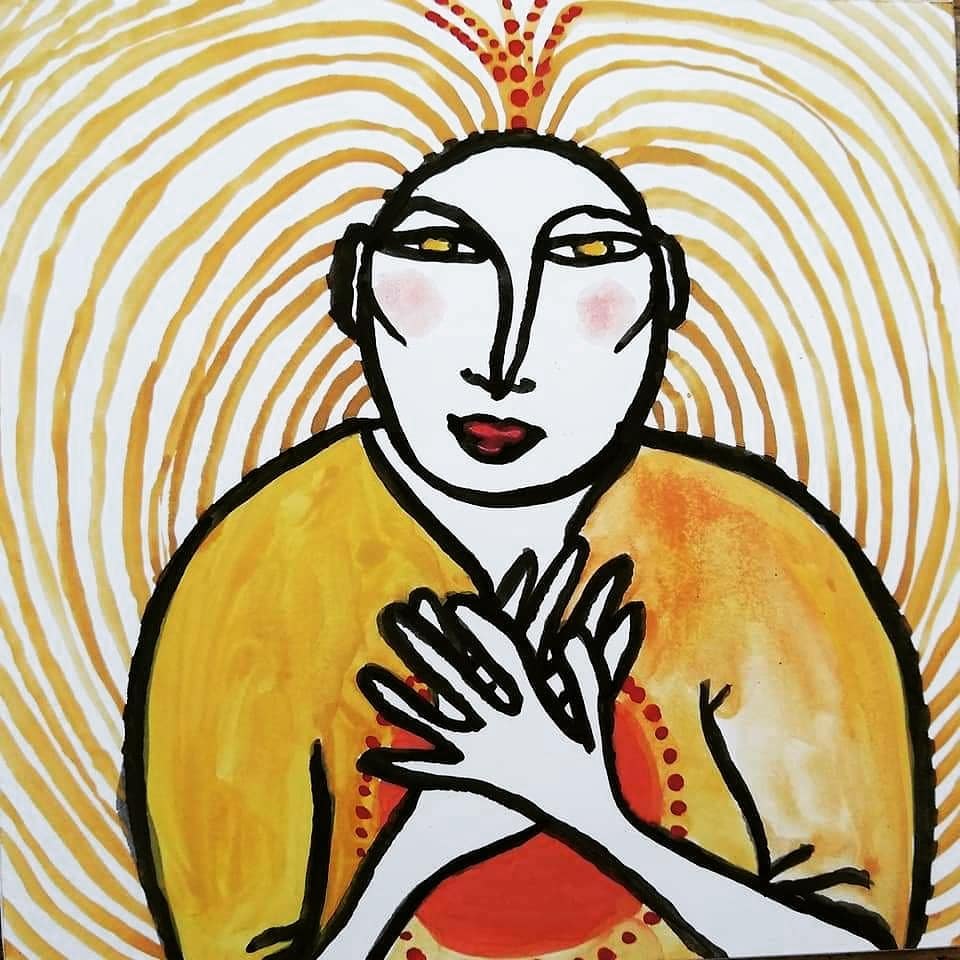 Painting of a woman with hands crossed over her chest against a golden radiating background